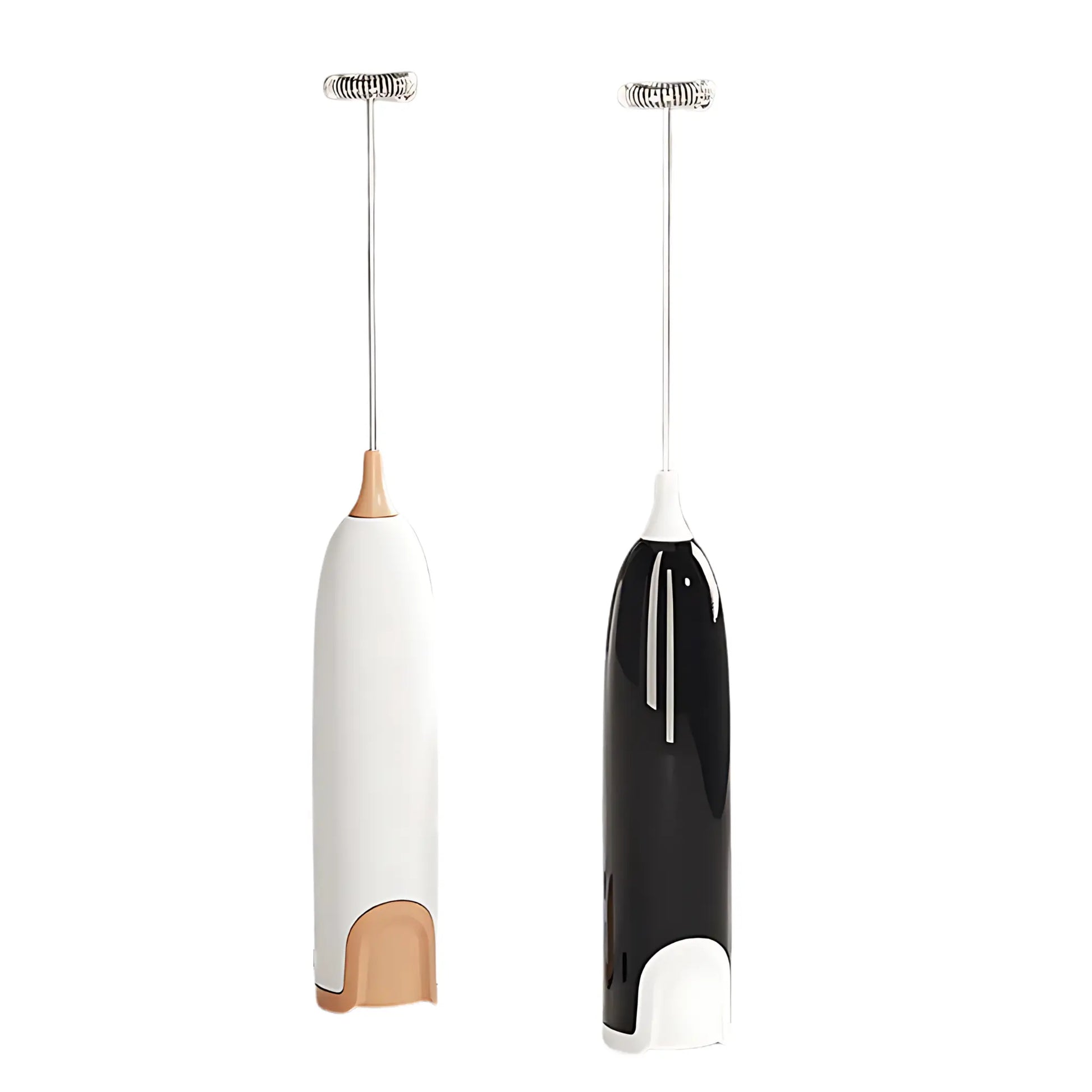 Two handheld milk frothers, one white and brown, the other black, on a white background.
