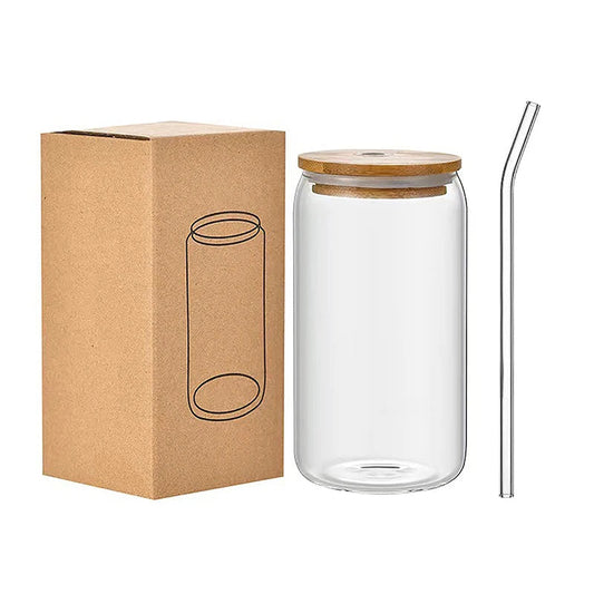 Eco-Friendly Glass Drinking Cup with Bamboo Lid and Glass Straw