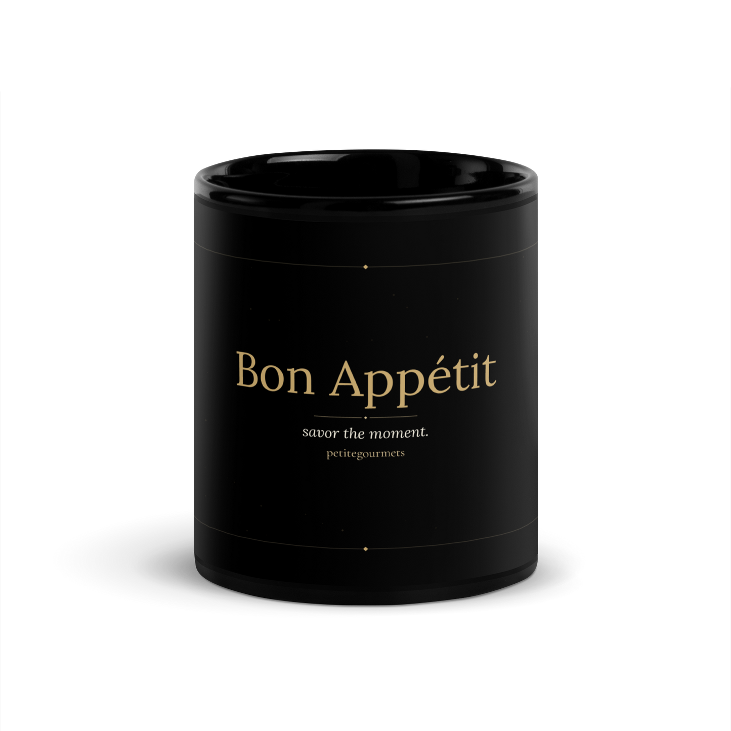Bon Appetit black glossy ceramic mug 11oz with gold typography front view - petitegourmets