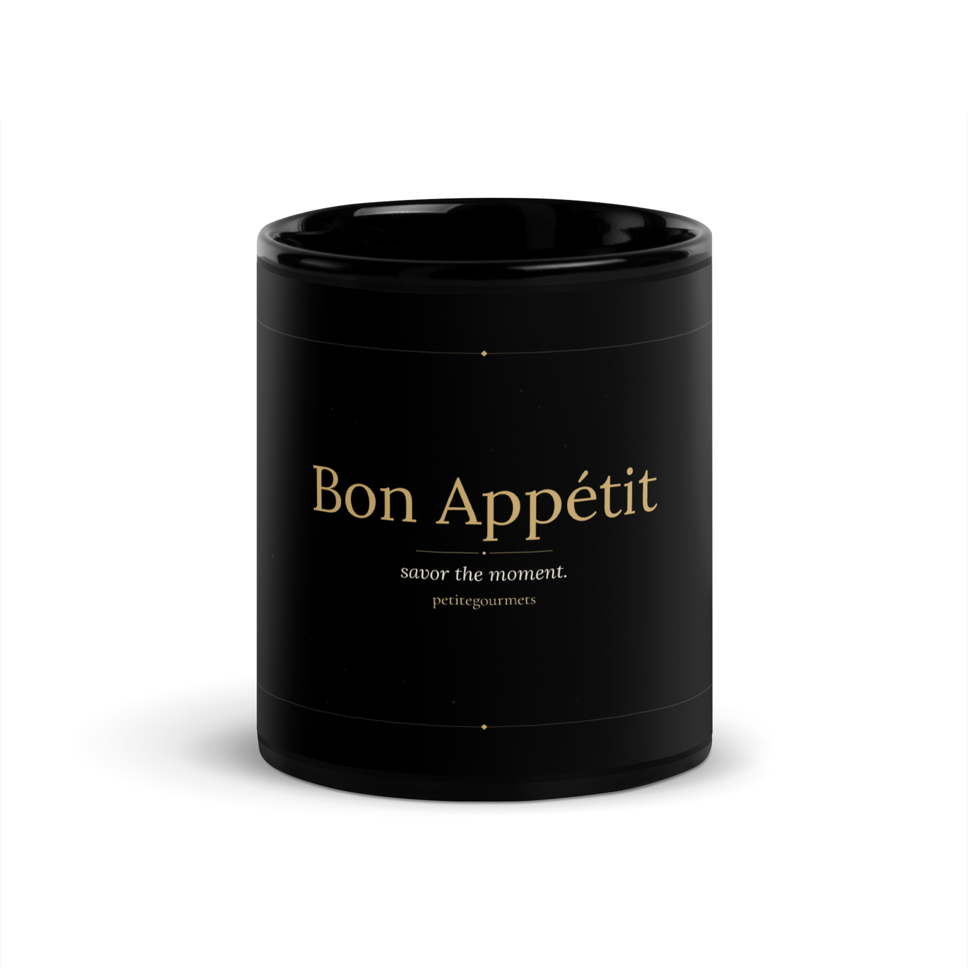 Bon Appetit black glossy ceramic mug 11oz with gold typography front view - petitegourmets
