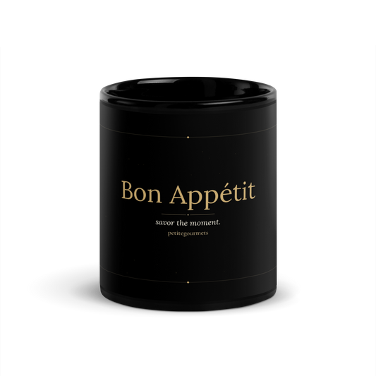 Bon Appetit black glossy ceramic mug 11oz with gold typography front view - petitegourmets