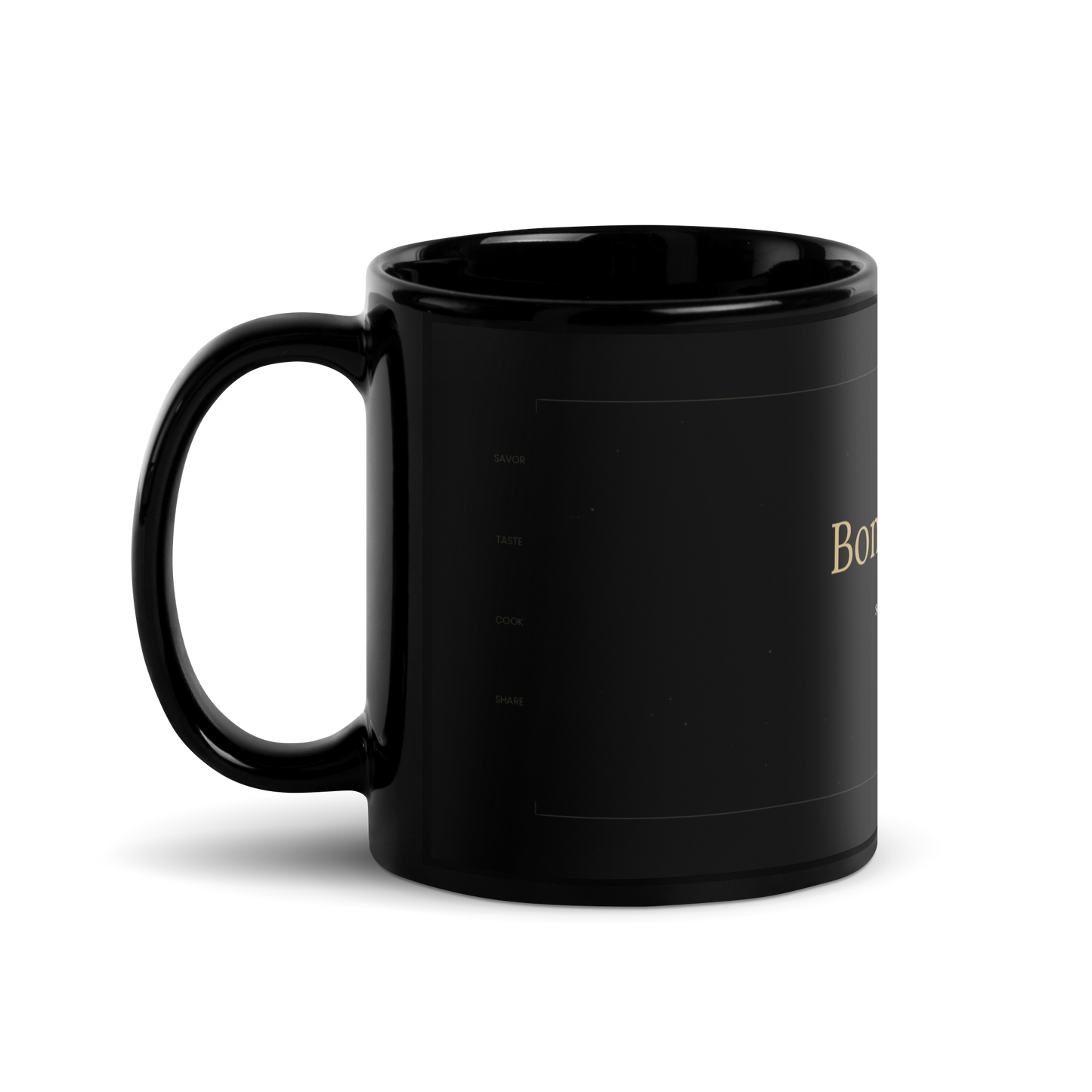 Bon Appetit black glossy ceramic mug 11oz handle on left showing side detail - petitegourmets