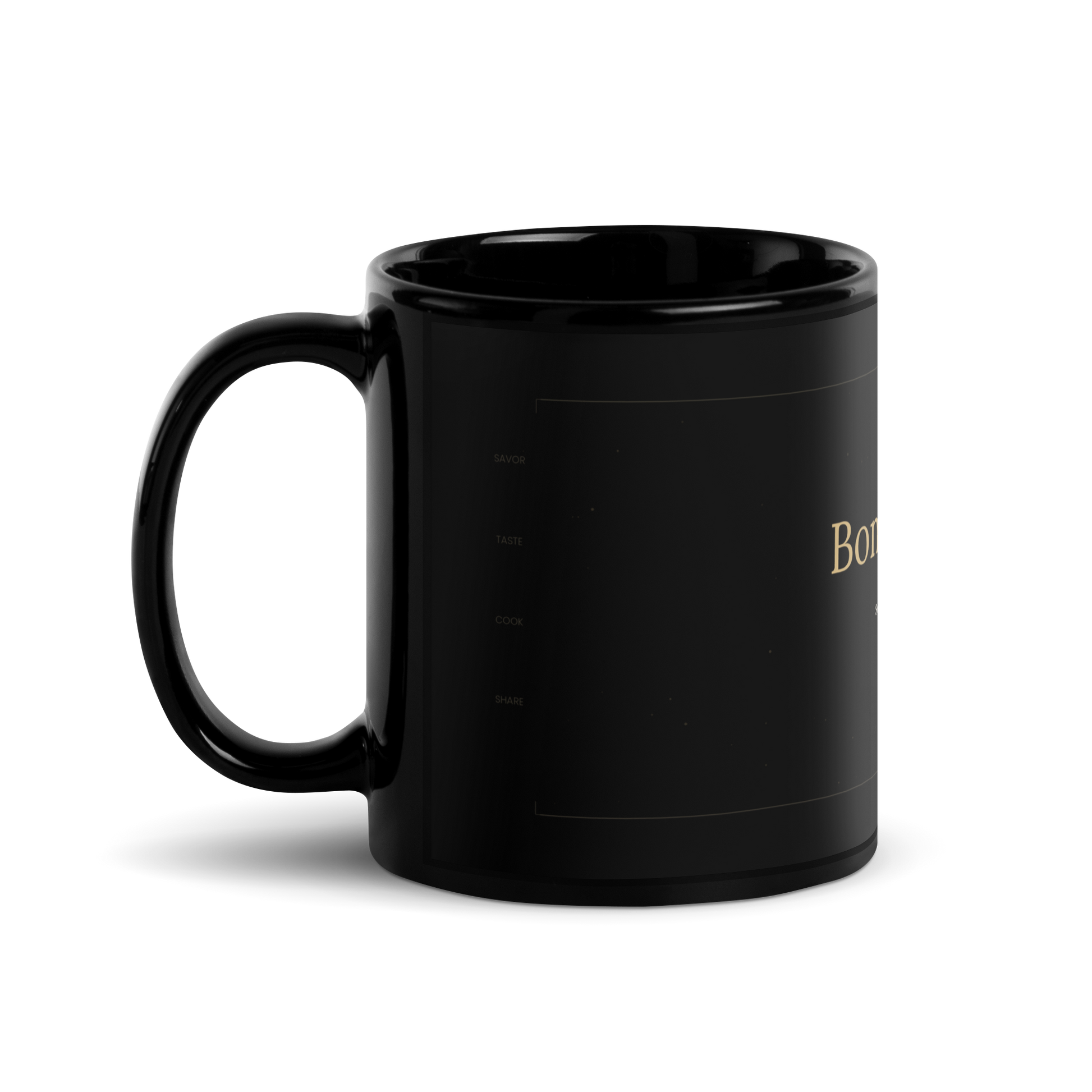 Bon Appetit black glossy ceramic mug 11oz handle on left showing side detail - petitegourmets