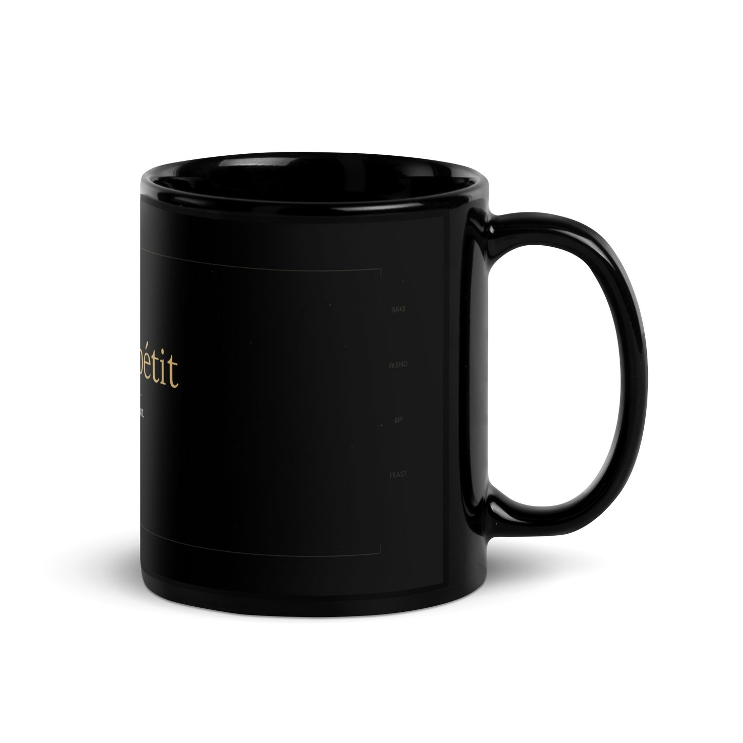 Bon Appetit black glossy ceramic mug 11oz handle on right showing side detail - petitegourmets