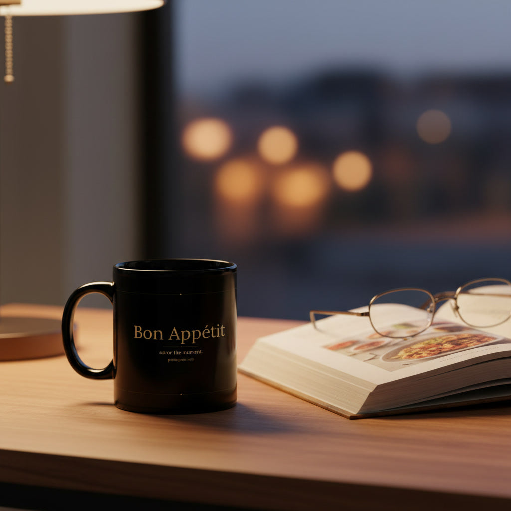 Bon Appetit black glossy mug on wooden desk next to open cookbook and reading glasses with warm evening light - petitegourmets
