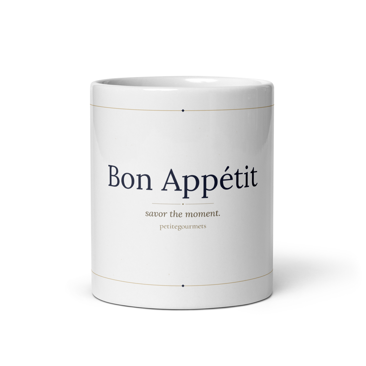 Bon Appetit white glossy ceramic mug 11oz with navy and gold typography front view - petitegourmets