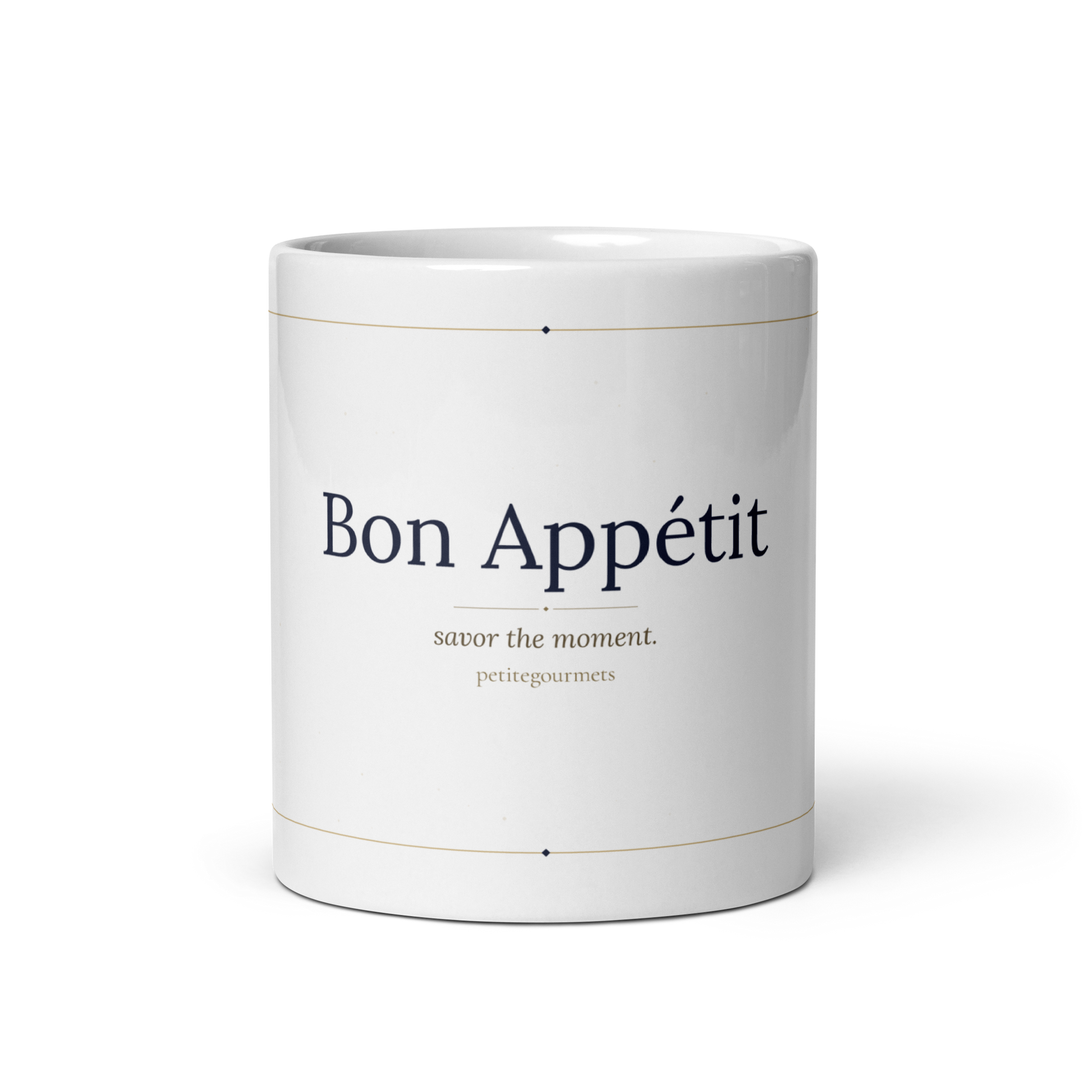 Bon Appetit white glossy ceramic mug 11oz with navy and gold typography front view - petitegourmets
