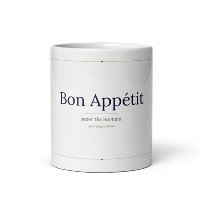 Bon Appetit white glossy ceramic mug 11oz with navy and gold typography front view - petitegourmets