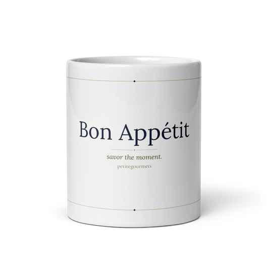 Bon Appetit white glossy ceramic mug 11oz with navy and gold typography front view - petitegourmets