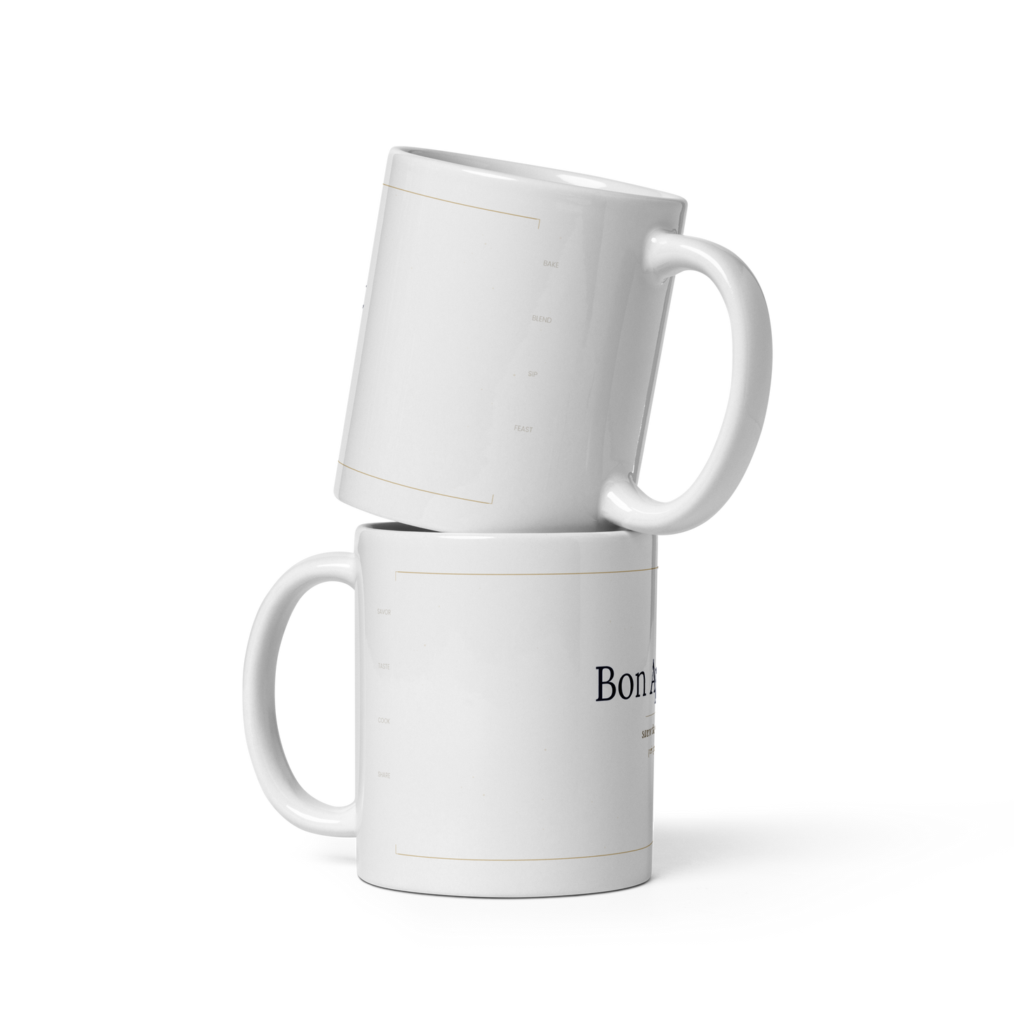 Two Bon Appetit white glossy ceramic mugs stacked showing front and side design details - petitegourmets