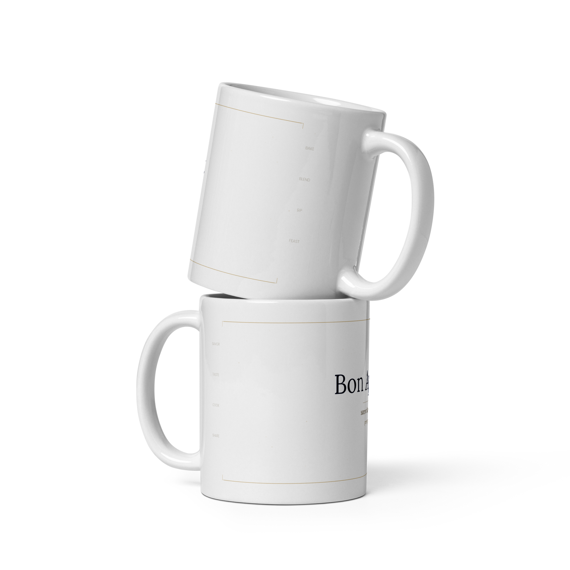 Two Bon Appetit white glossy ceramic mugs stacked showing front and side design details - petitegourmets