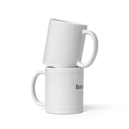 Two Bon Appetit white glossy ceramic mugs stacked showing front and side design details - petitegourmets