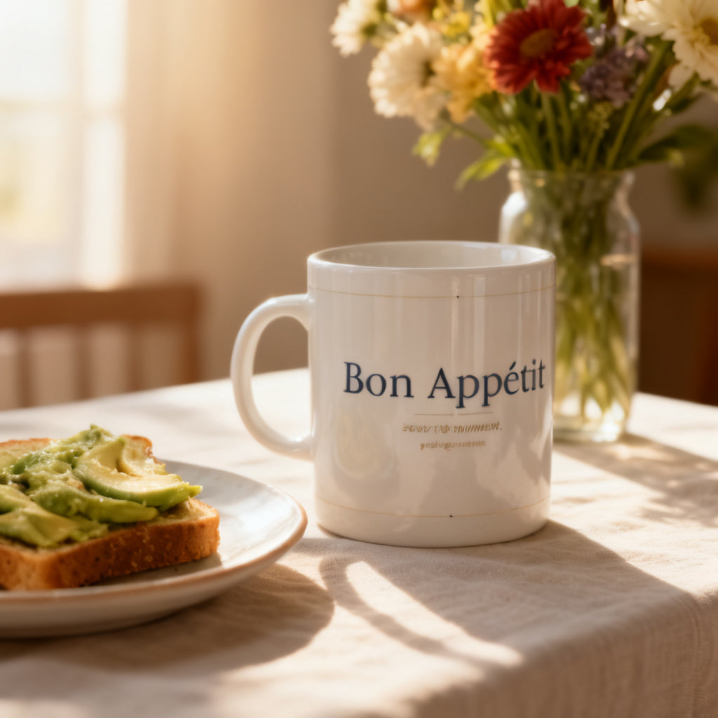 Bon Appetit white glossy mug on linen tablecloth with avocado toast and fresh flowers in morning sunlight - petitegourmets