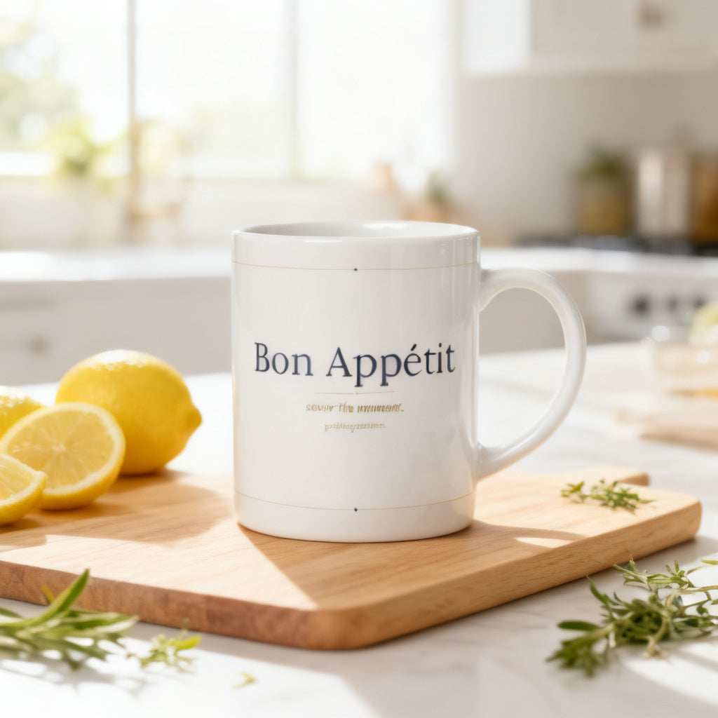 Bon Appetit white glossy mug on wooden cutting board with fresh lemons and herbs in bright airy kitchen - petitegourmets
