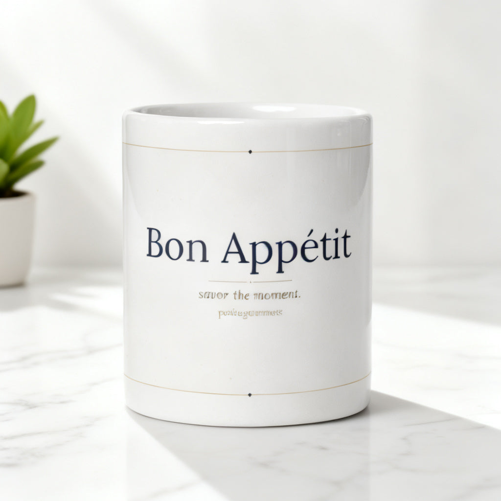 Bon Appetit white glossy mug on white marble surface with soft natural light and small green plant - petitegourmets