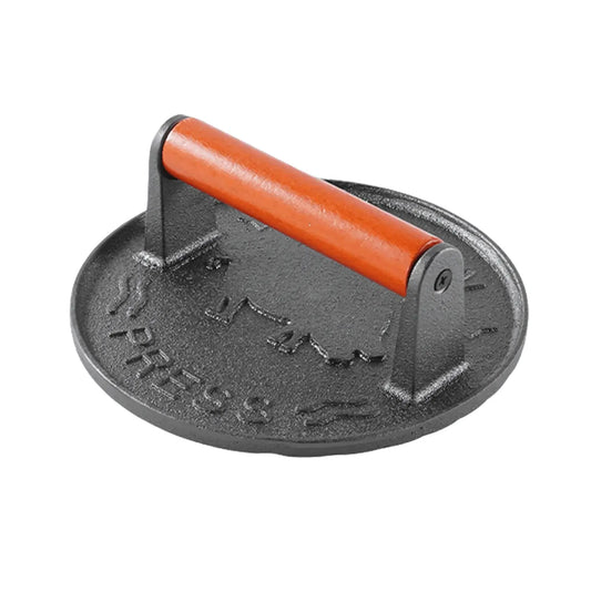 Cast iron press with a brown handle on a white background