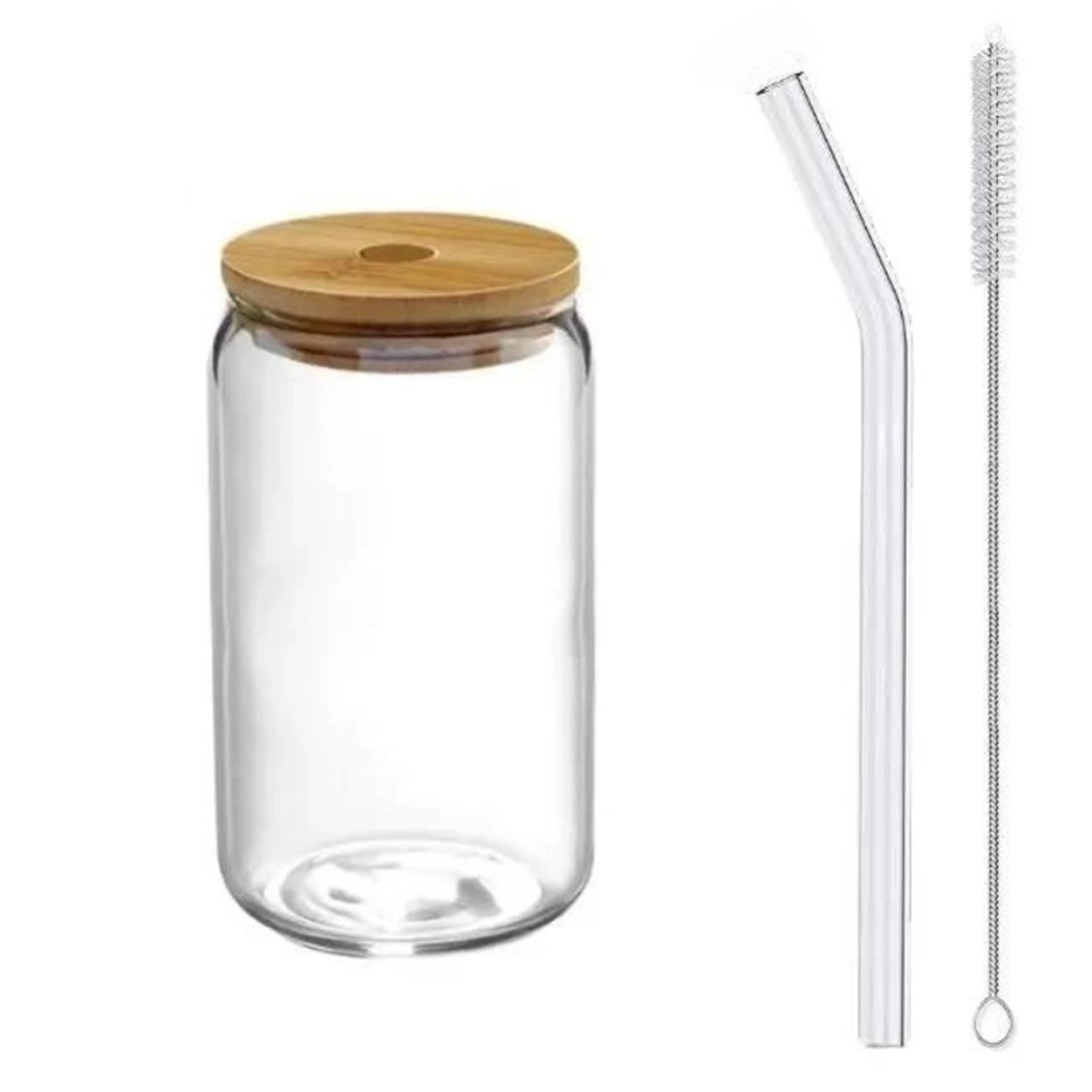 Eco-Friendly Glass Drinking Cup with Bamboo Lid and Glass Straw