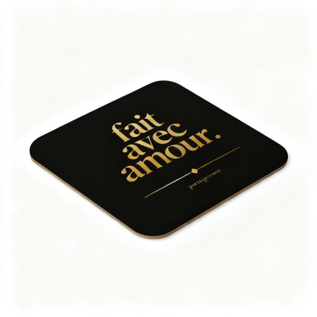 Fait Avec Amour cork-back coaster with gold typography on black showing cork edge detail angled view - petitegourmets