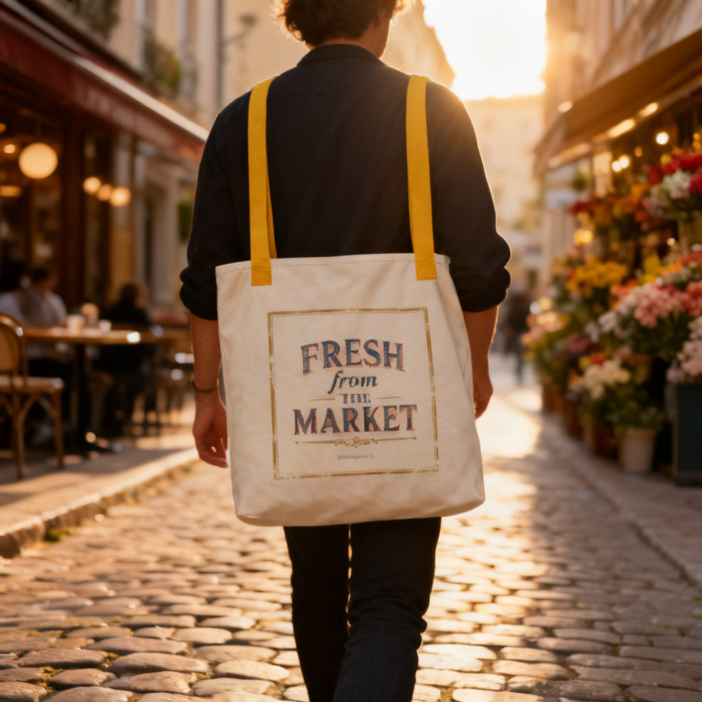 Person carrying Fresh From The Market canvas tote bag walking down a cobblestone European street at golden hour - petitegourmets