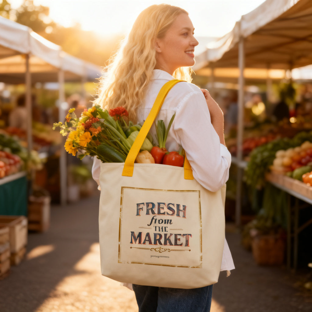 Woman carrying Fresh From The Market tote bag filled with fresh vegetables and flowers at a sunny farmers market - petitegourmets