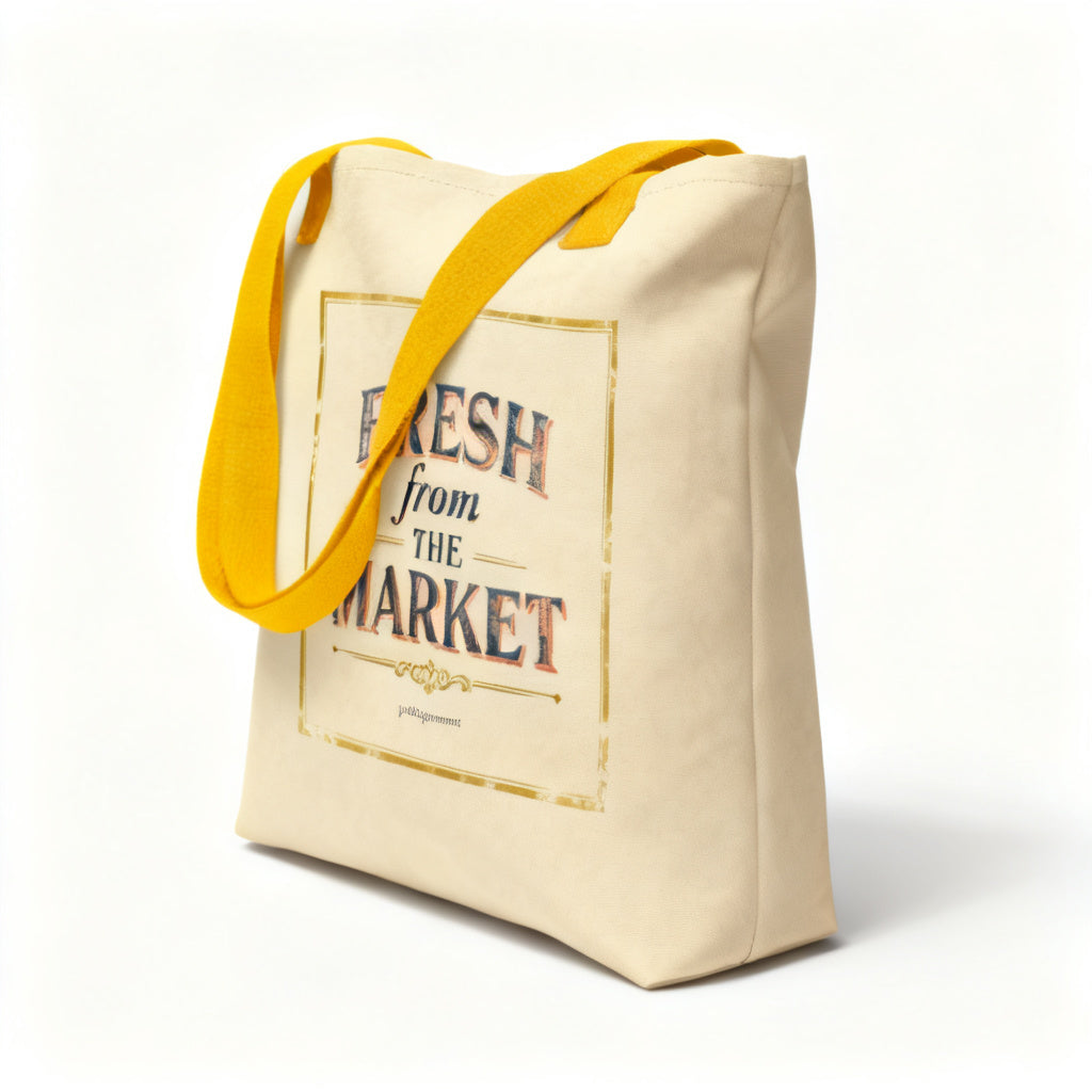 Fresh From The Market canvas tote bag with yellow handles vintage poster design angled view - petitegourmets