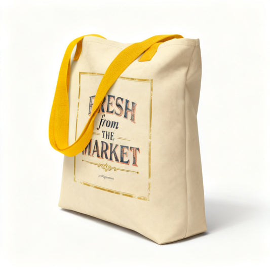 Fresh From The Market canvas tote bag with yellow handles vintage poster design angled view - petitegourmets