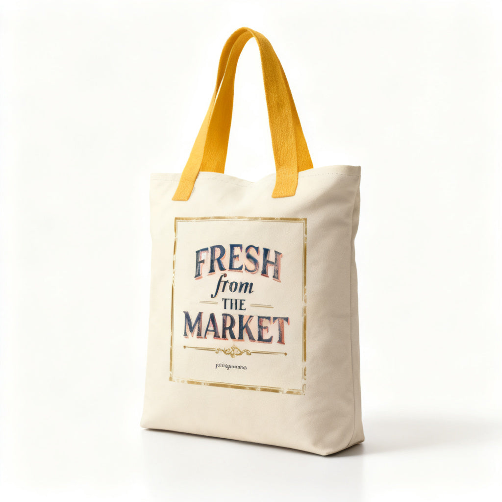 Fresh From The Market all-over print canvas tote bag with yellow handles and vintage typography front view - petitegourmets